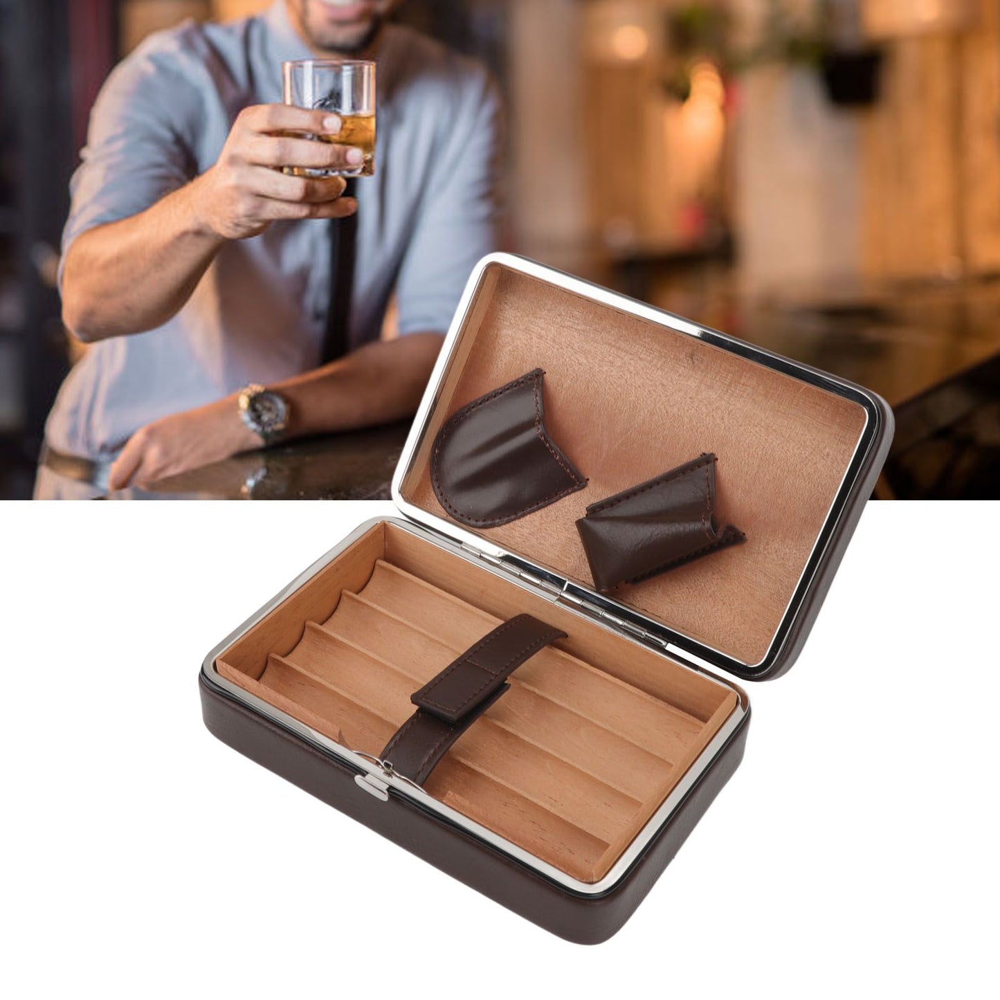 Cigar Holder Case Portable Travel Leather Cigar Humidor Case with Cedarwood Lining for 4 Count Cigars V1294-YM3117220227711-0421