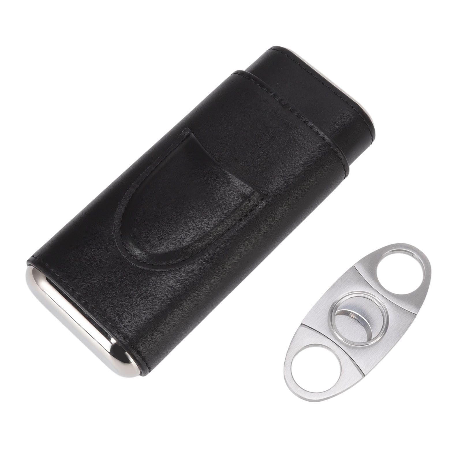 3 Finger Cigar Case Iron Cover Portable Soft Glossy Leather Cigar Holder Case with Cutter for Travel Black V1294-YM3117220227811-0421