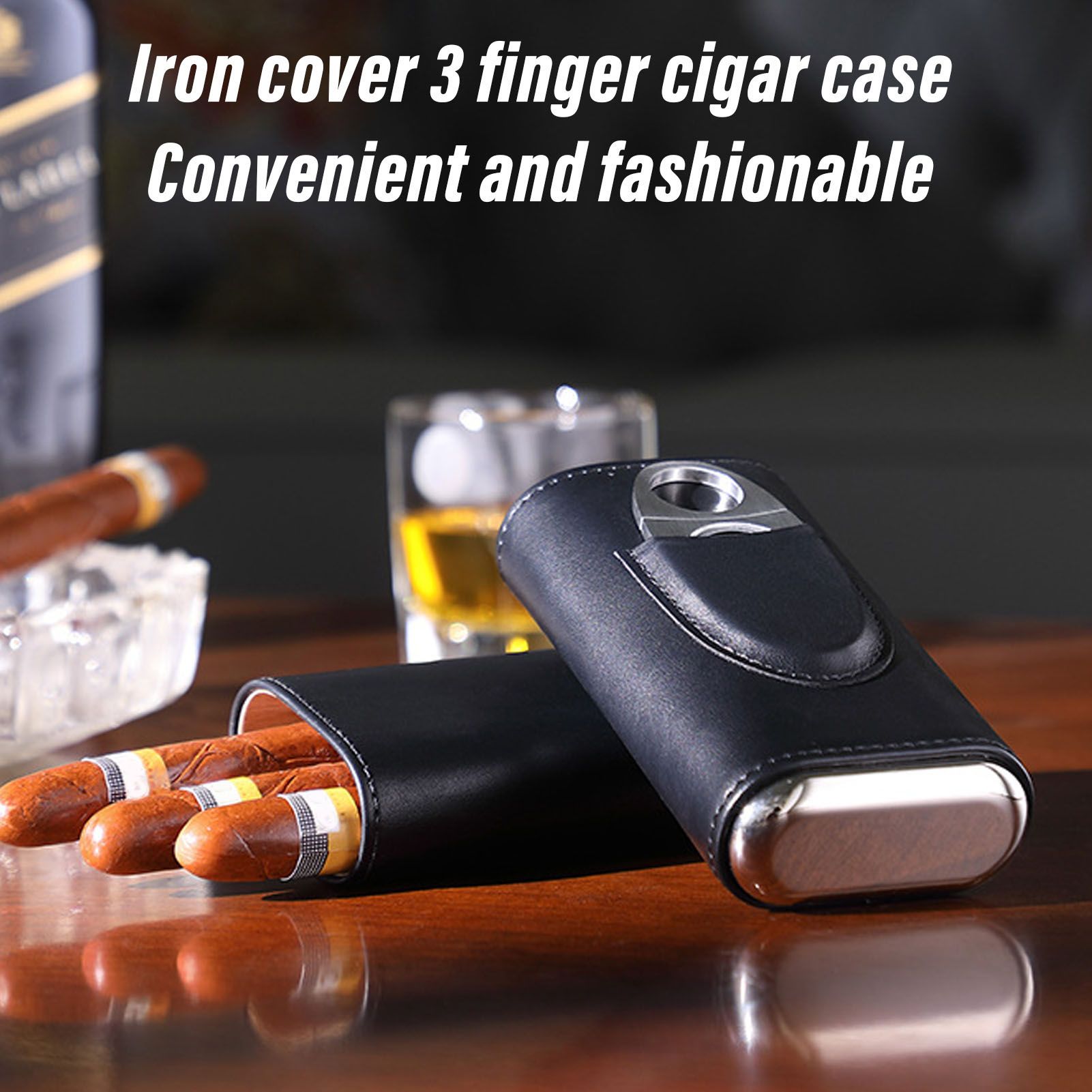 3 Finger Cigar Case Iron Cover Portable Soft Glossy Leather Cigar Holder Case with Cutter for Travel Black V1294-YM3117220227811-0421