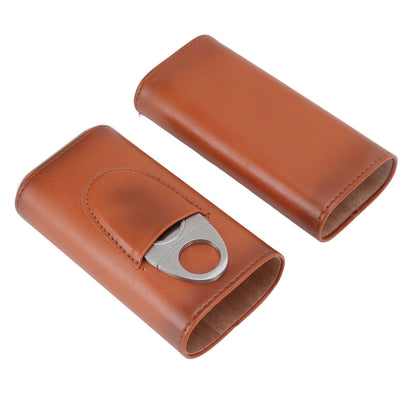 3 Finger Cigar Case Iron Cover Portable Soft Glossy Leather Cigar Holder Case with Cutter for Travel Brown V1294-YM3117220227812-0421