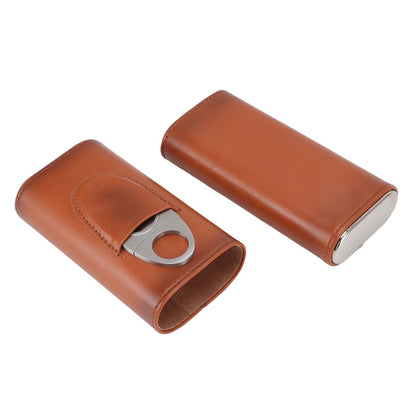 3 Finger Cigar Case Iron Cover Portable Soft Glossy Leather Cigar Holder Case with Cutter for Travel Brown V1294-YM3117220227812-0421