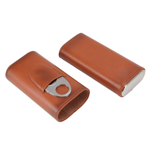 3 Finger Cigar Case Iron Cover Portable Soft Glossy Leather Cigar Holder Case with Cutter for Travel Brown V1294-YM3117220227812-0421