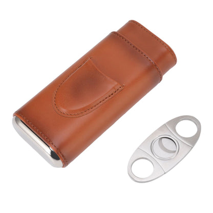 3 Finger Cigar Case Iron Cover Portable Soft Glossy Leather Cigar Holder Case with Cutter for Travel Brown V1294-YM3117220227812-0421