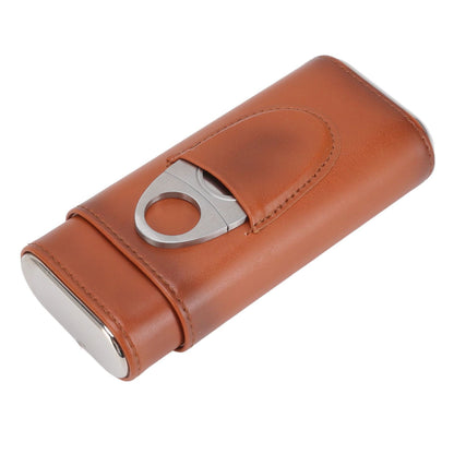 3 Finger Cigar Case Iron Cover Portable Soft Glossy Leather Cigar Holder Case with Cutter for Travel Brown V1294-YM3117220227812-0421