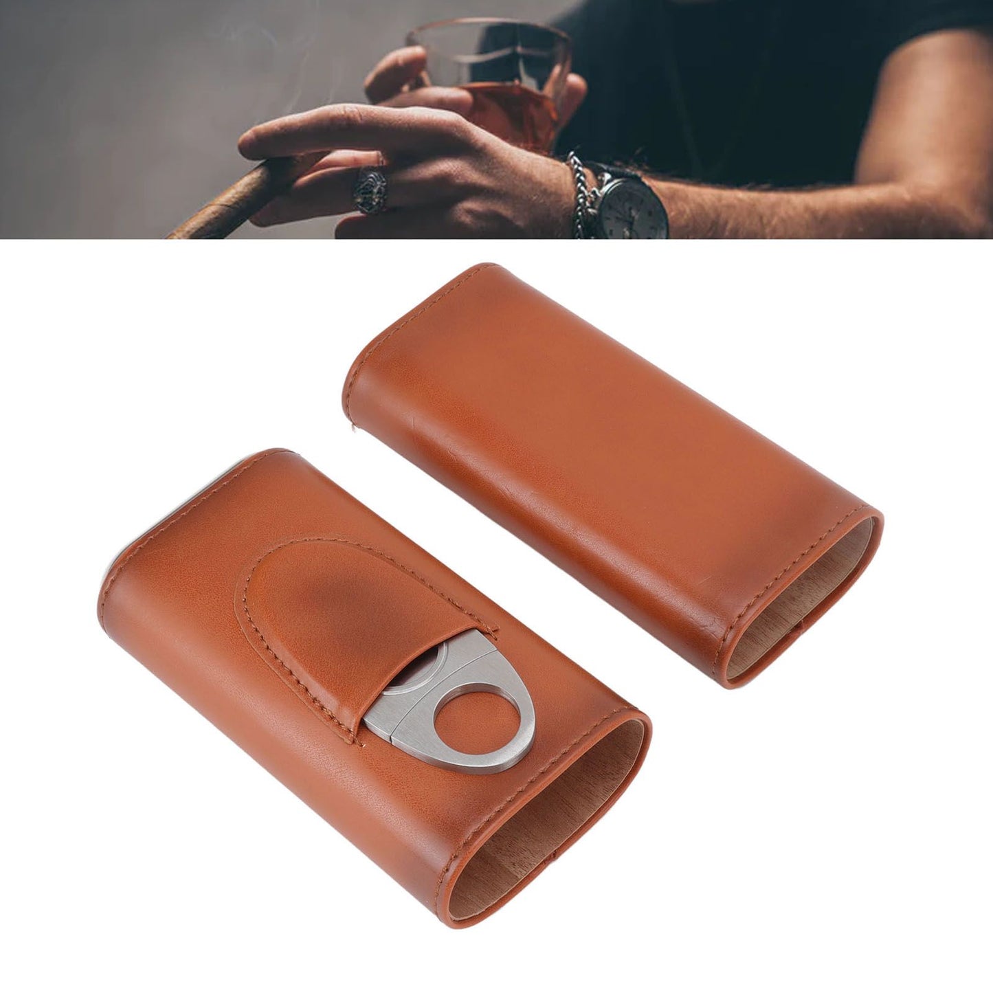 3 Finger Cigar Case Iron Cover Portable Soft Glossy Leather Cigar Holder Case with Cutter for Travel Brown V1294-YM3117220227812-0421