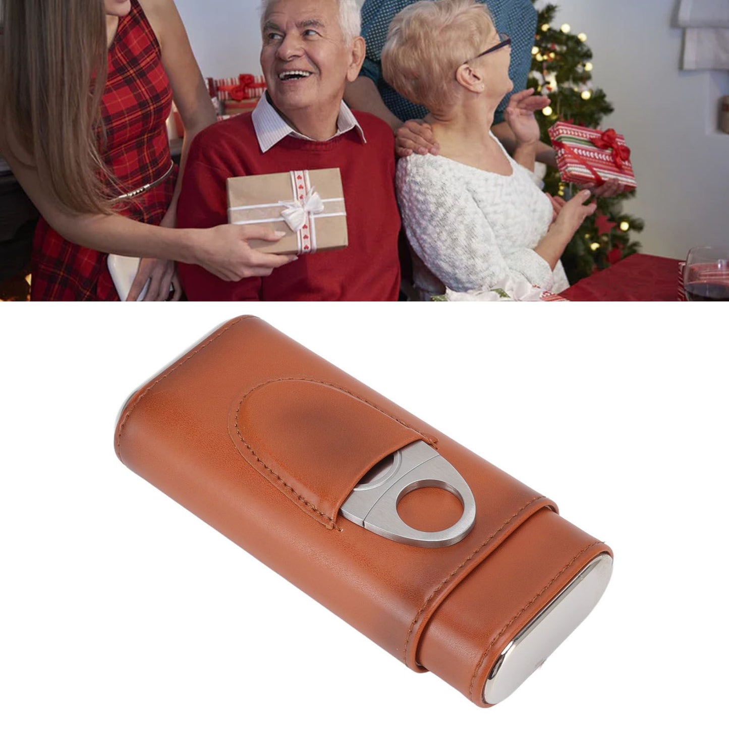 3 Finger Cigar Case Iron Cover Portable Soft Glossy Leather Cigar Holder Case with Cutter for Travel Brown V1294-YM3117220227812-0421