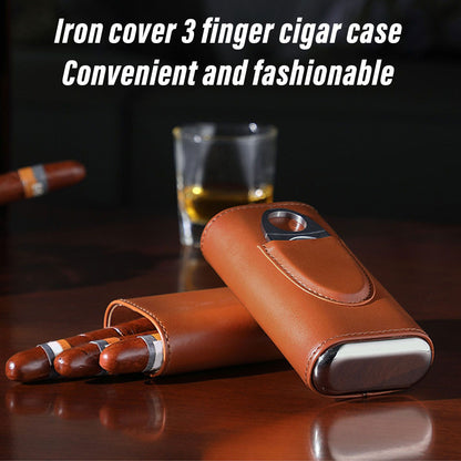 3 Finger Cigar Case Iron Cover Portable Soft Glossy Leather Cigar Holder Case with Cutter for Travel Brown V1294-YM3117220227812-0421