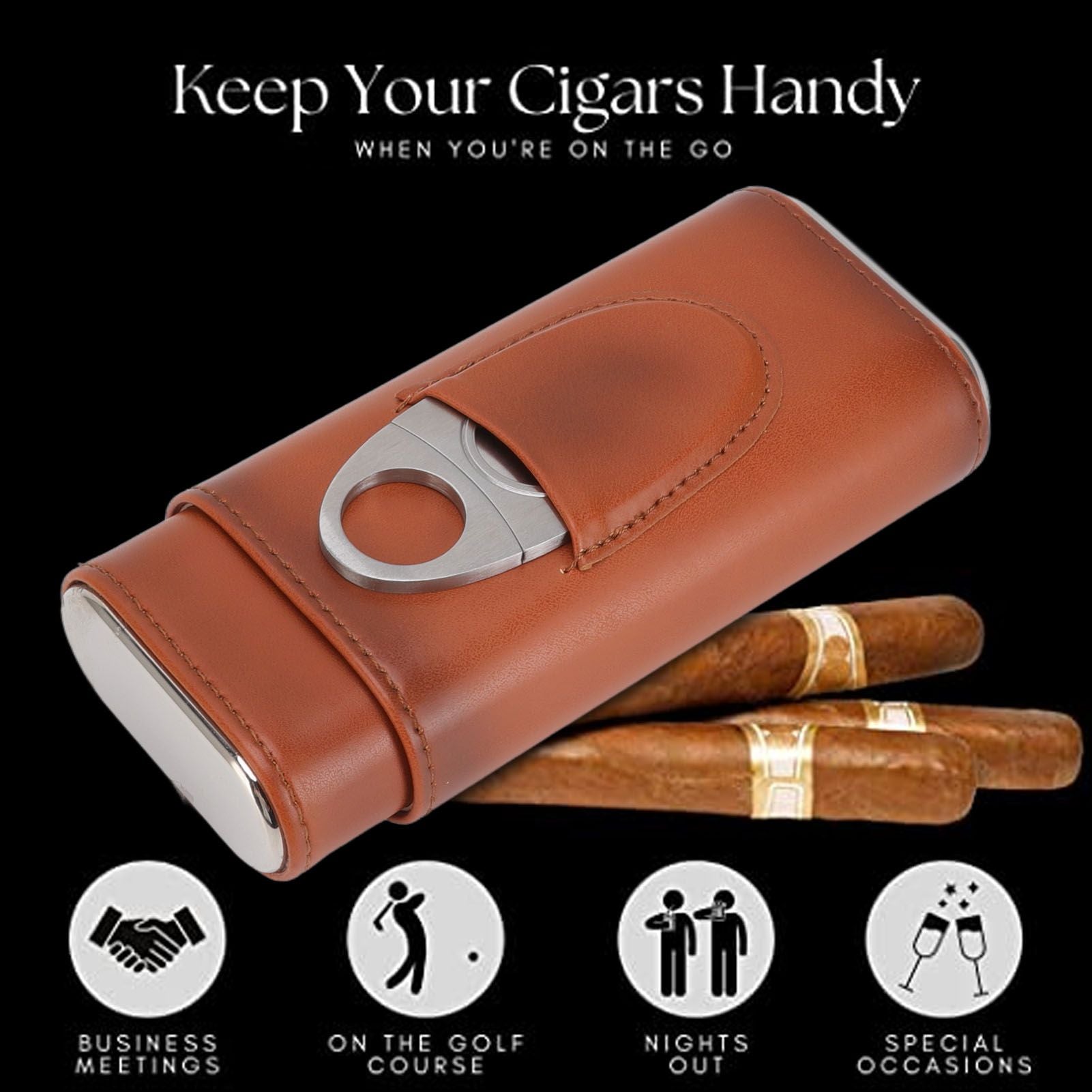 3 Finger Cigar Case Iron Cover Portable Soft Glossy Leather Cigar Holder Case with Cutter for Travel Brown V1294-YM3117220227812-0421