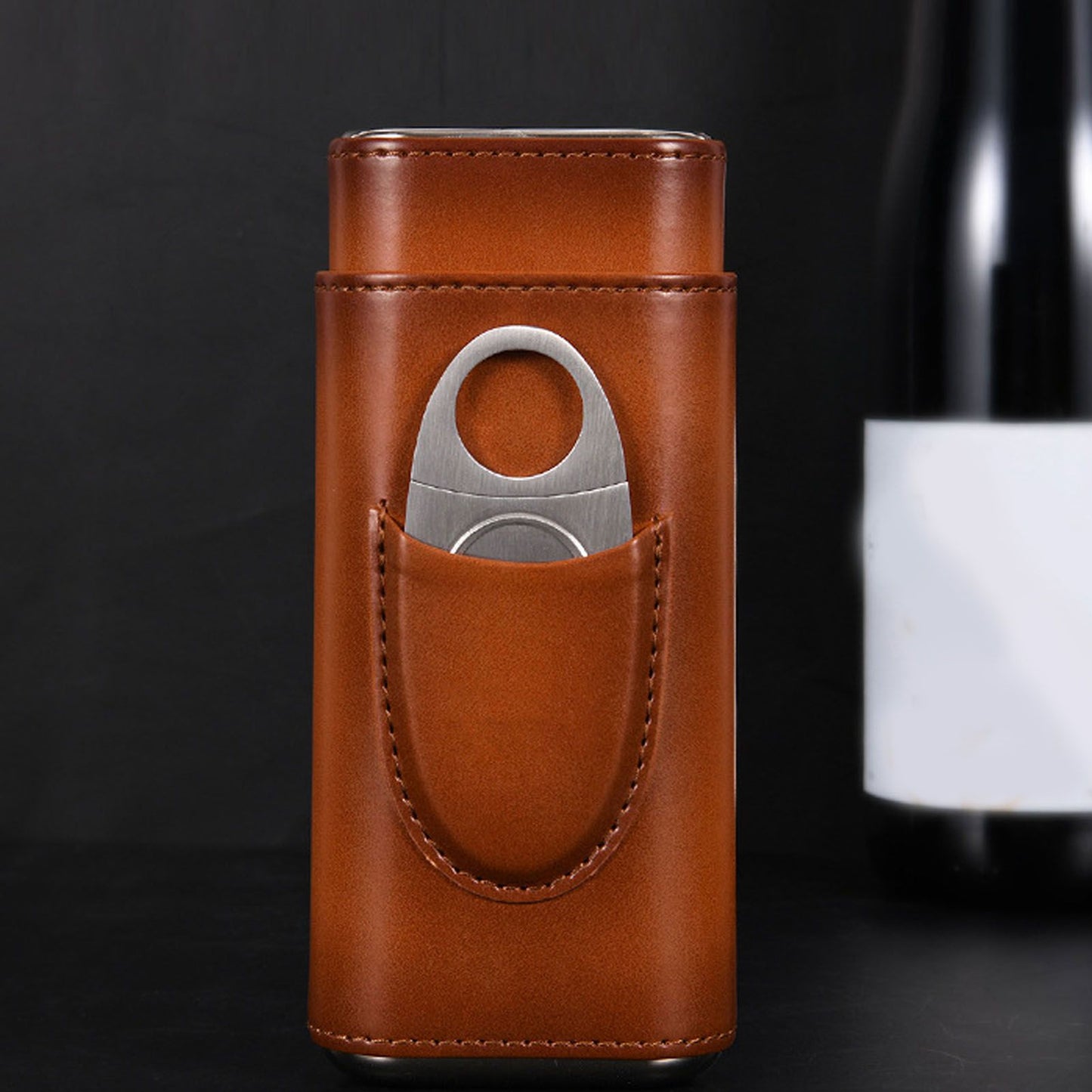 3 Finger Cigar Case Iron Cover Portable Soft Glossy Leather Cigar Holder Case with Cutter for Travel Brown V1294-YM3117220227812-0421