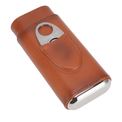 3 Finger Cigar Case Iron Cover Portable Soft Glossy Leather Cigar Holder Case with Cutter for Travel Brown V1294-YM3117220227812-0421