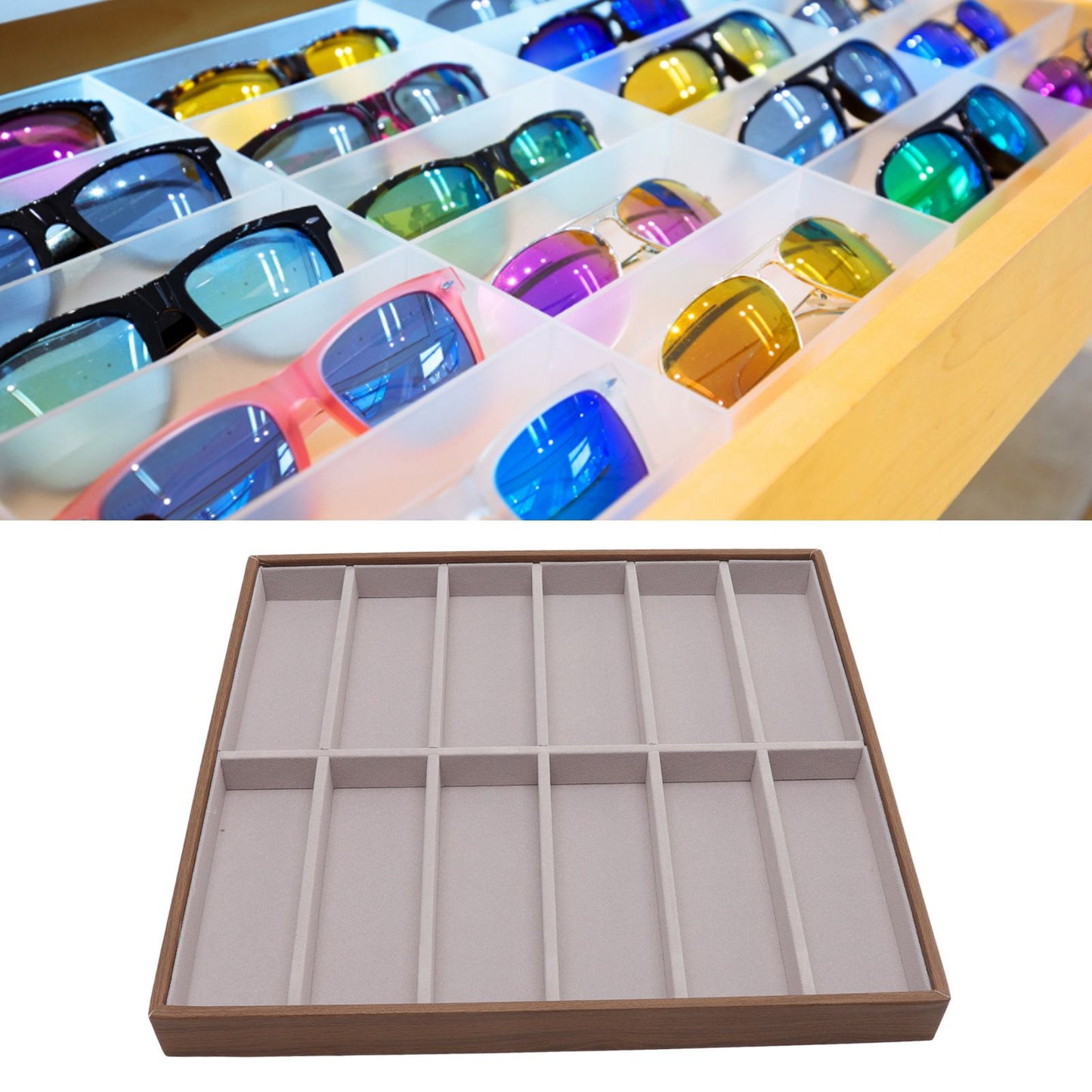 Sunglasses Display Tray PU Wood Grain Sunglasses Storage Case for Home Glasses Store 12 Grids V1294-YM3117220229112-0421