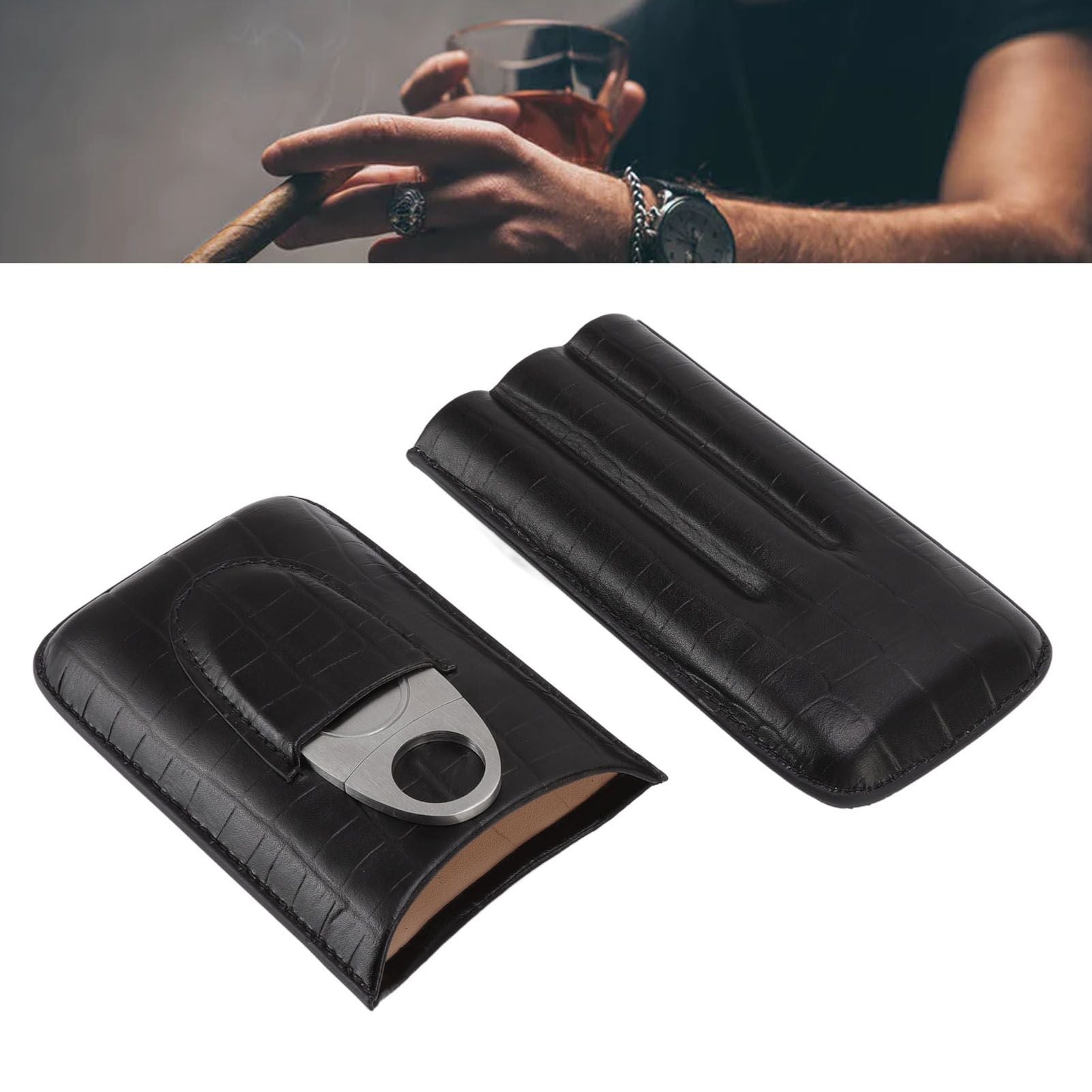 Cigar Leather Case Travel Portable 3pcs Cigar Holder Cigar Humidor with Cutter Set Black with Bamboo Joint V1294-YM3117220230411-0421