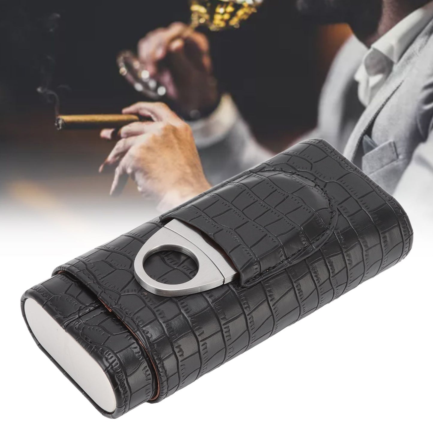 Cigar Leather Case Cedarwood Liner Portable 3pcs Cigar Holder Cigar Humidor Case with Cutter for Travel Black V1294-YM3117220233511-0421