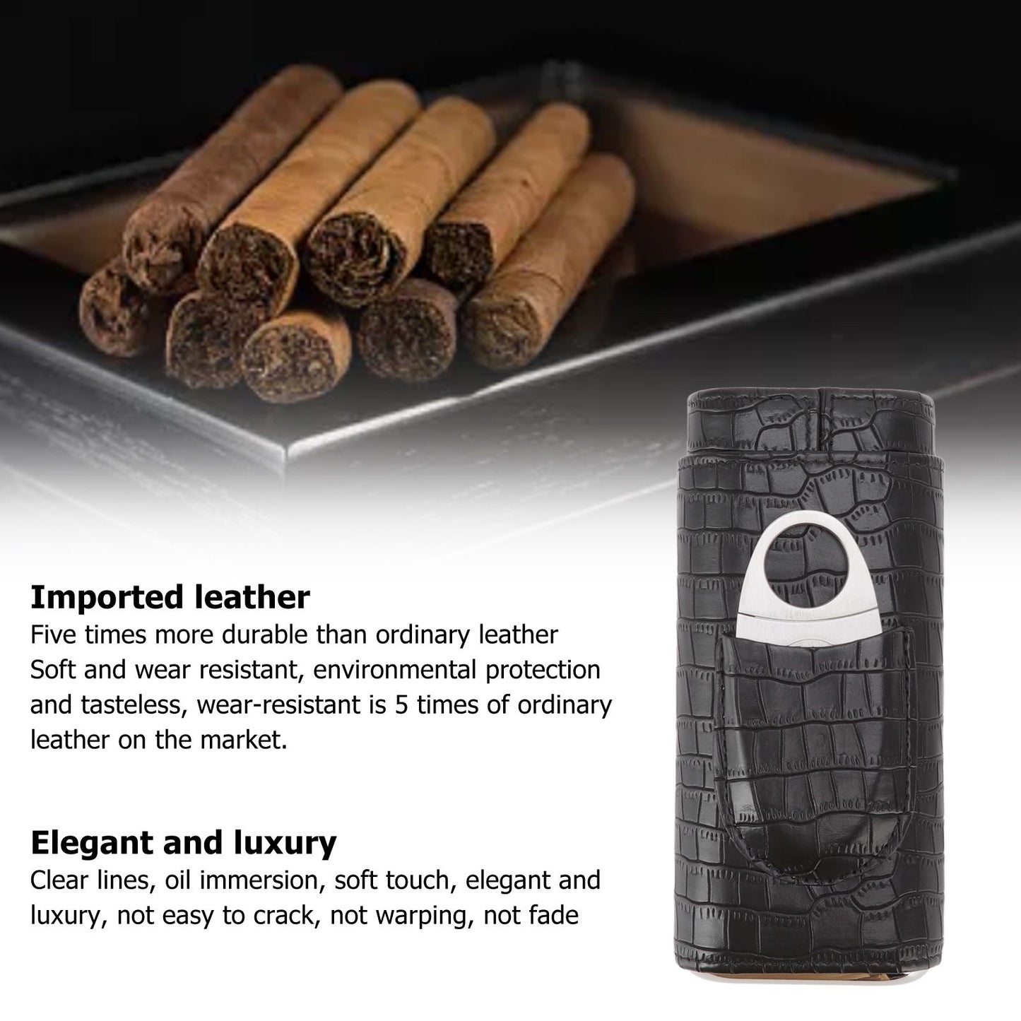 Cigar Leather Case Cedarwood Liner Portable 3pcs Cigar Holder Cigar Humidor Case with Cutter for Travel Black V1294-YM3117220233511-0421