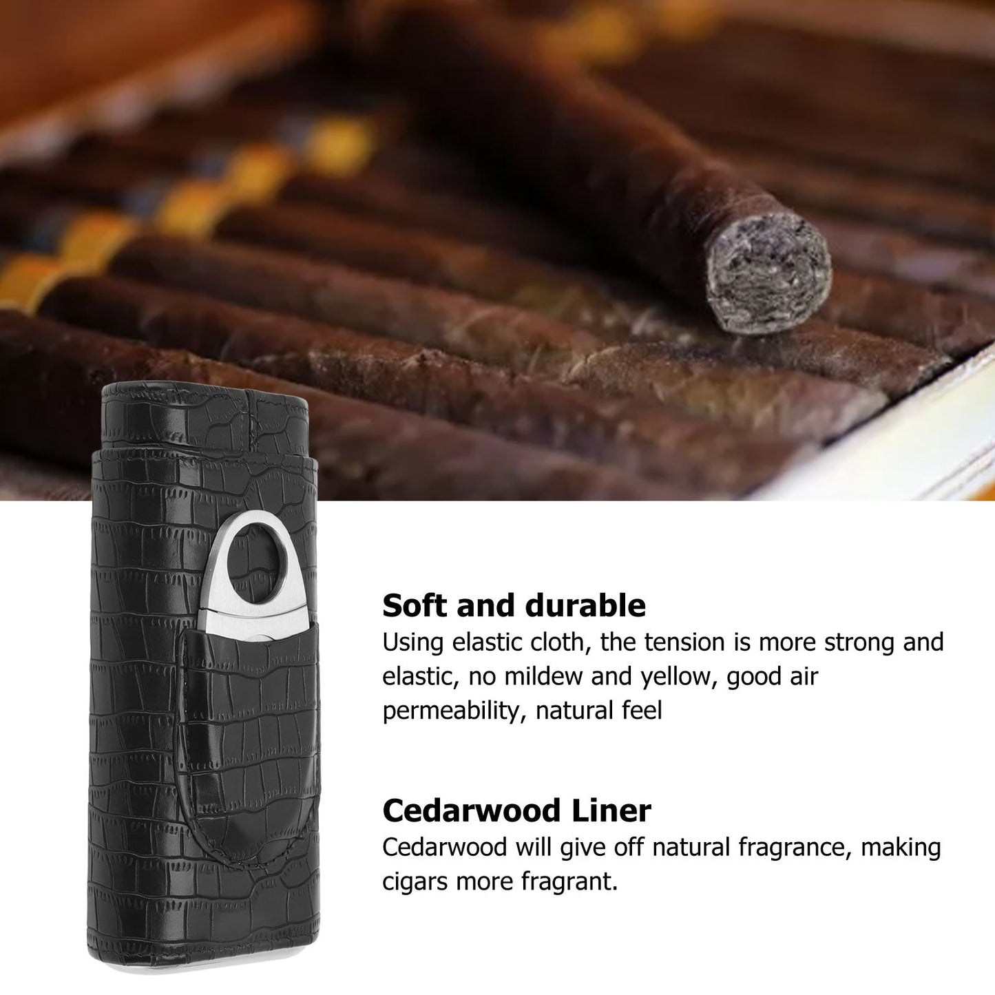 Cigar Leather Case Cedarwood Liner Portable 3pcs Cigar Holder Cigar Humidor Case with Cutter for Travel Black V1294-YM3117220233511-0421