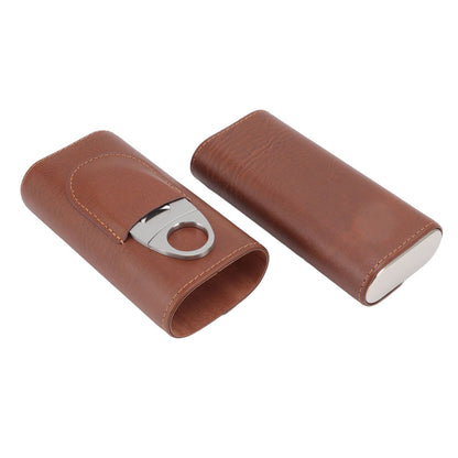3 Finger Cigar Case Leather Cedarwood Lining Travel Portable Cigar Holder with Scissor Brown V1294-YM3117220233611-0421