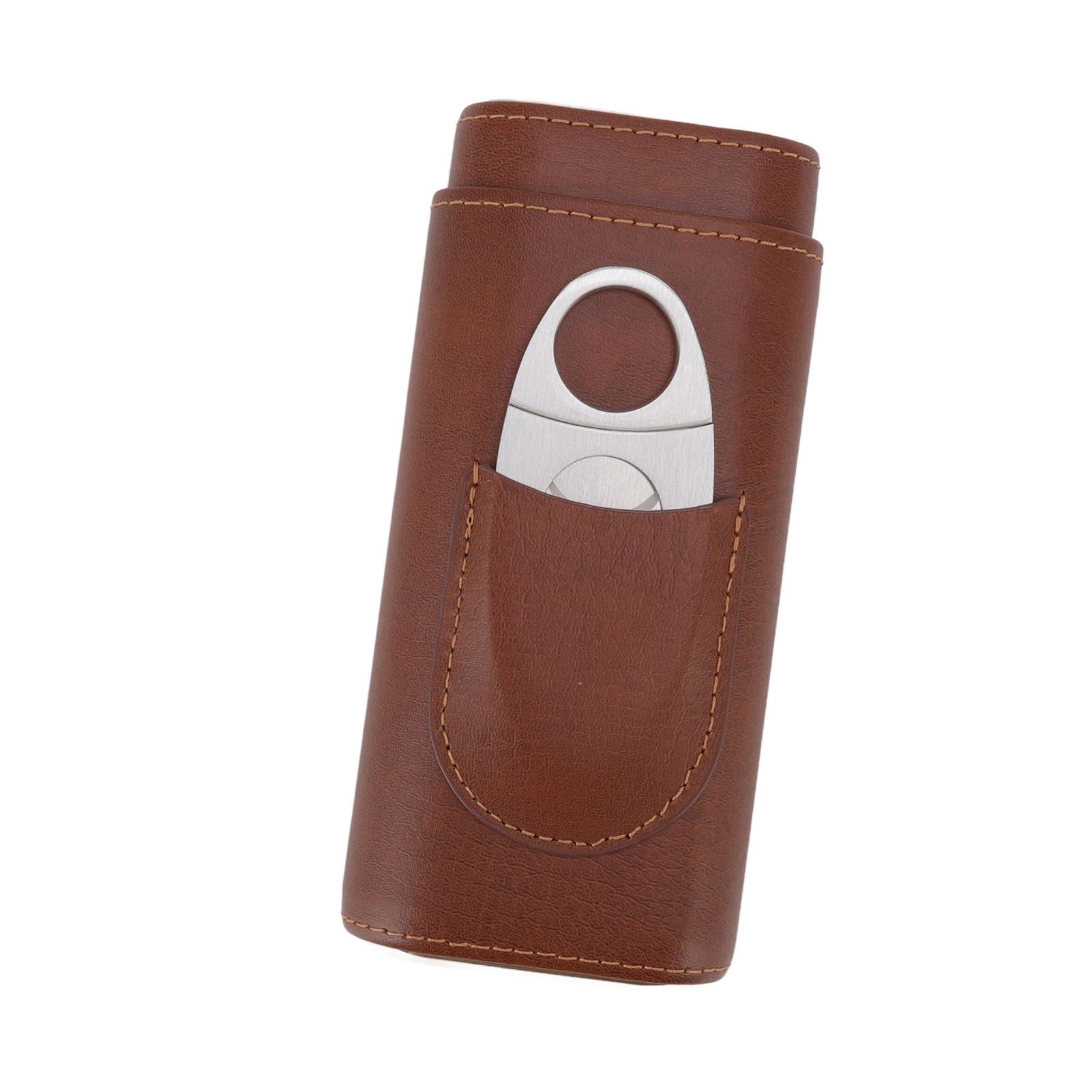 3 Finger Cigar Case Leather Cedarwood Lining Travel Portable Cigar Holder with Scissor Brown V1294-YM3117220233611-0421