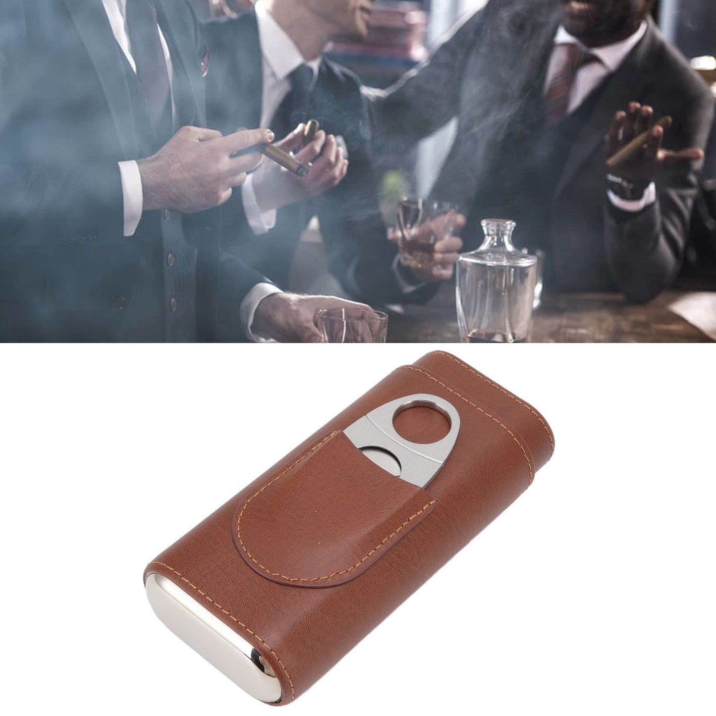 3 Finger Cigar Case Leather Cedarwood Lining Travel Portable Cigar Holder with Scissor Brown V1294-YM3117220233611-0421
