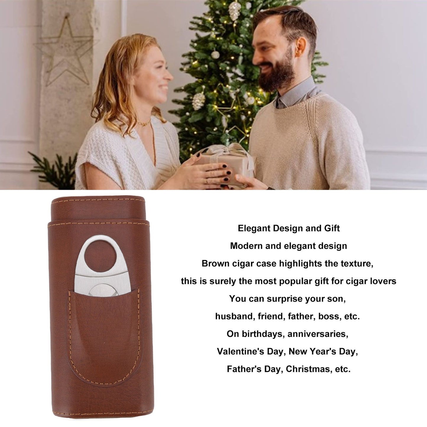 3 Finger Cigar Case Leather Cedarwood Lining Travel Portable Cigar Holder with Scissor Brown V1294-YM3117220233611-0421