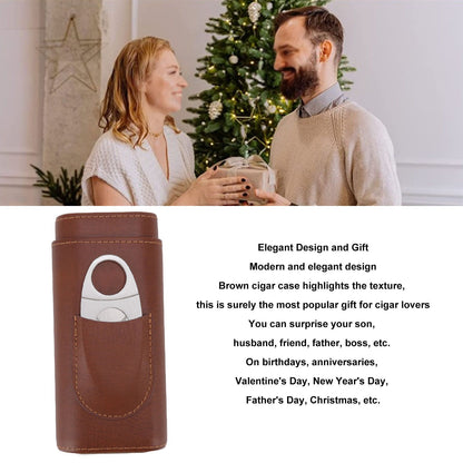 3 Finger Cigar Case Leather Cedarwood Lining Travel Portable Cigar Holder with Scissor Brown V1294-YM3117220233611-0421