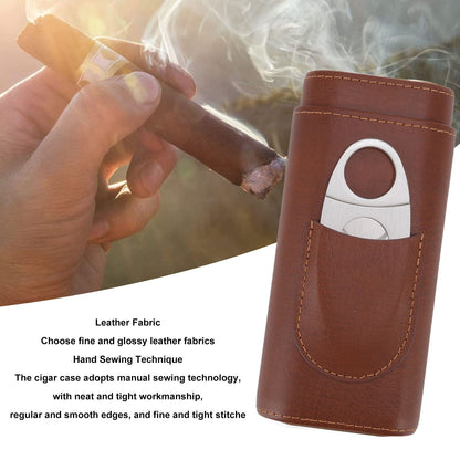 3 Finger Cigar Case Leather Cedarwood Lining Travel Portable Cigar Holder with Scissor Brown V1294-YM3117220233611-0421