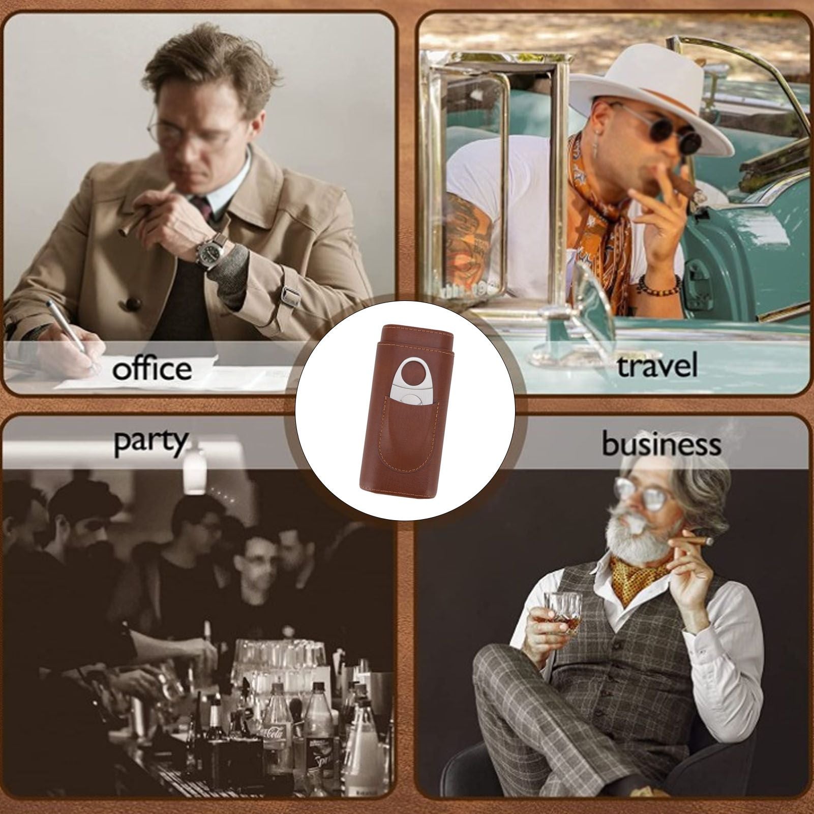 3 Finger Cigar Case Leather Cedarwood Lining Travel Portable Cigar Holder with Scissor Brown V1294-YM3117220233611-0421