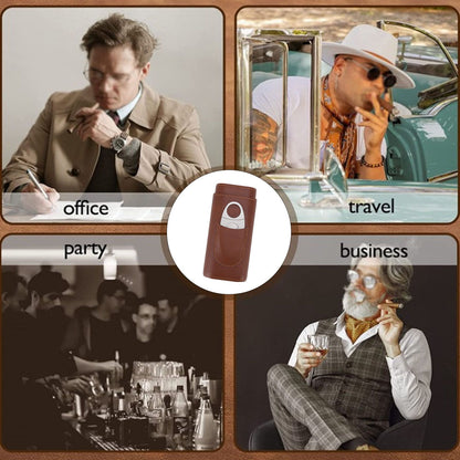 3 Finger Cigar Case Leather Cedarwood Lining Travel Portable Cigar Holder with Scissor Brown V1294-YM3117220233611-0421