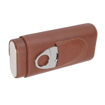 3 Finger Cigar Case Leather Cedarwood Lining Travel Portable Cigar Holder with Scissor Brown V1294-YM3117220233611-0421