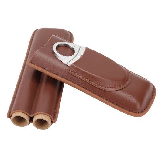 Travel Cigar Case Leather Portable with Cigar Clipper Cigar Holder for 2 Cigars Business Office V1294-YM3117220233711-0421