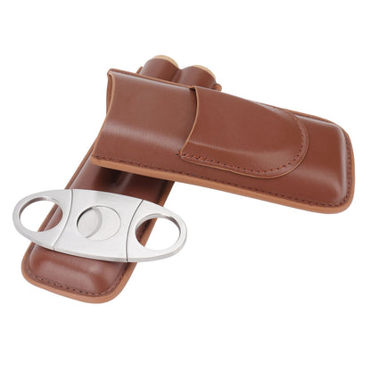 Travel Cigar Case Leather Portable with Cigar Clipper Cigar Holder for 2 Cigars Business Office V1294-YM3117220233711-0421