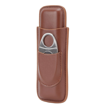 Travel Cigar Case Leather Portable with Cigar Clipper Cigar Holder for 2 Cigars Business Office V1294-YM3117220233711-0421