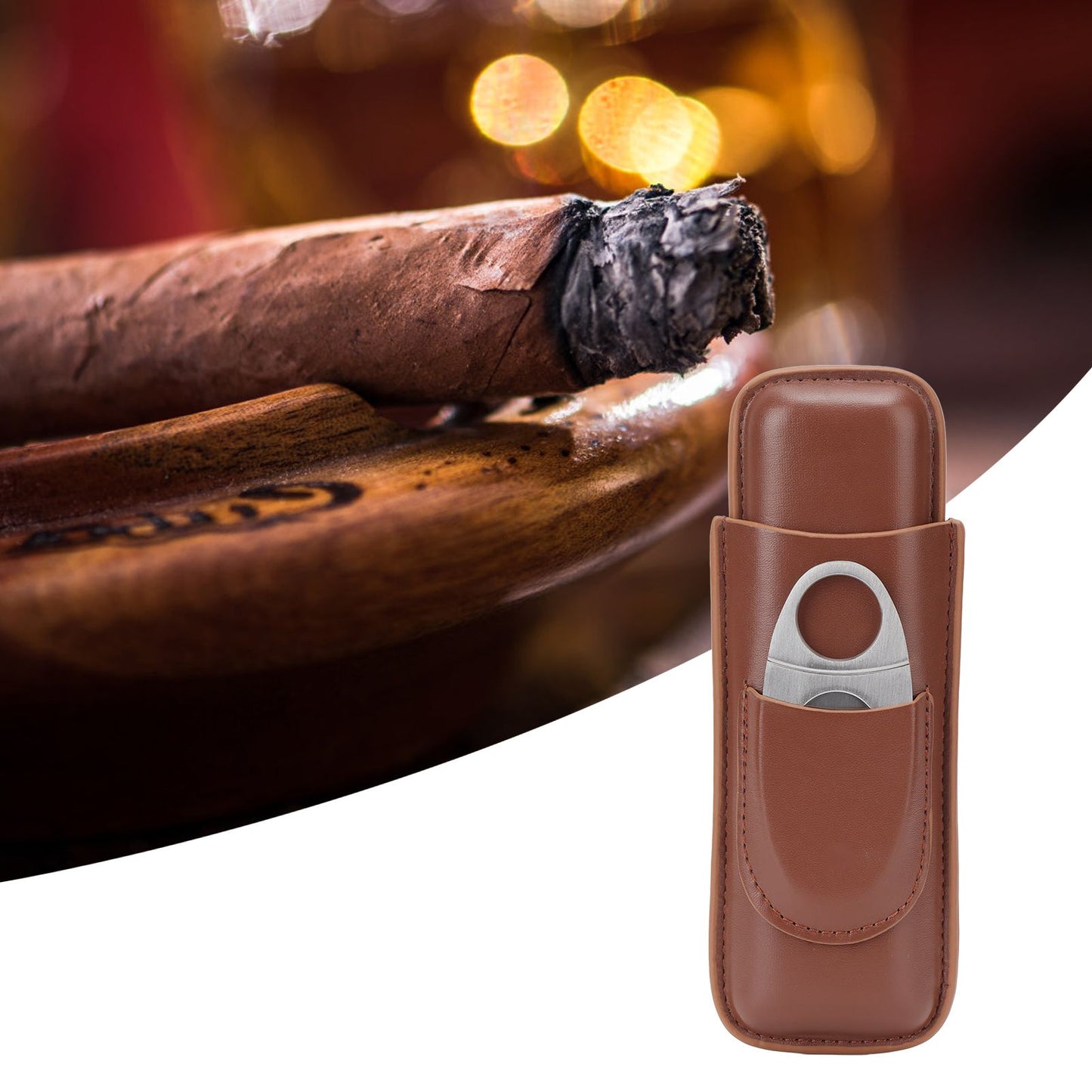 Travel Cigar Case Leather Portable with Cigar Clipper Cigar Holder for 2 Cigars Business Office V1294-YM3117220233711-0421