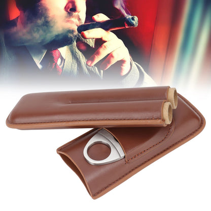 Travel Cigar Case Leather Portable with Cigar Clipper Cigar Holder for 2 Cigars Business Office V1294-YM3117220233711-0421