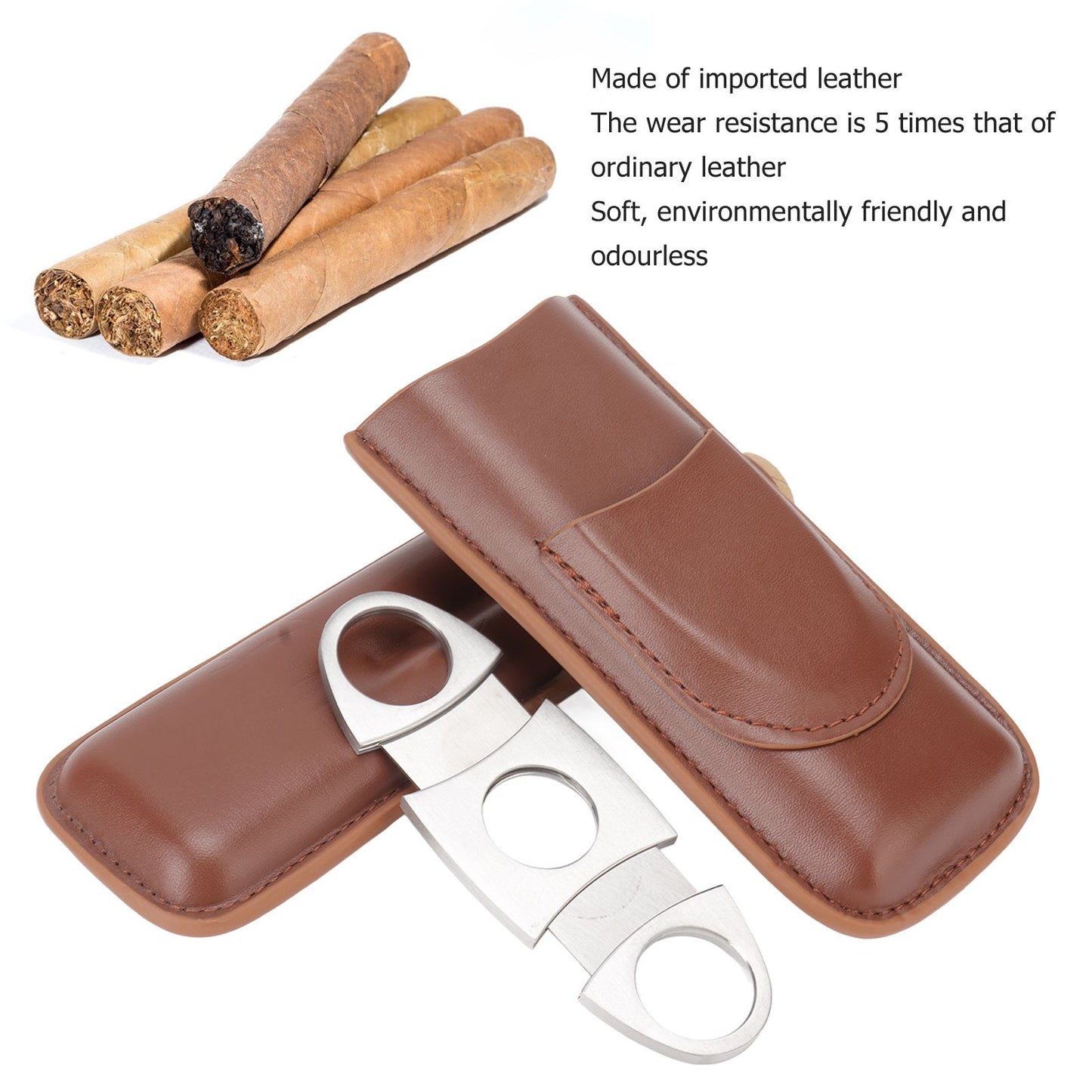 Travel Cigar Case Leather Portable with Cigar Clipper Cigar Holder for 2 Cigars Business Office V1294-YM3117220233711-0421