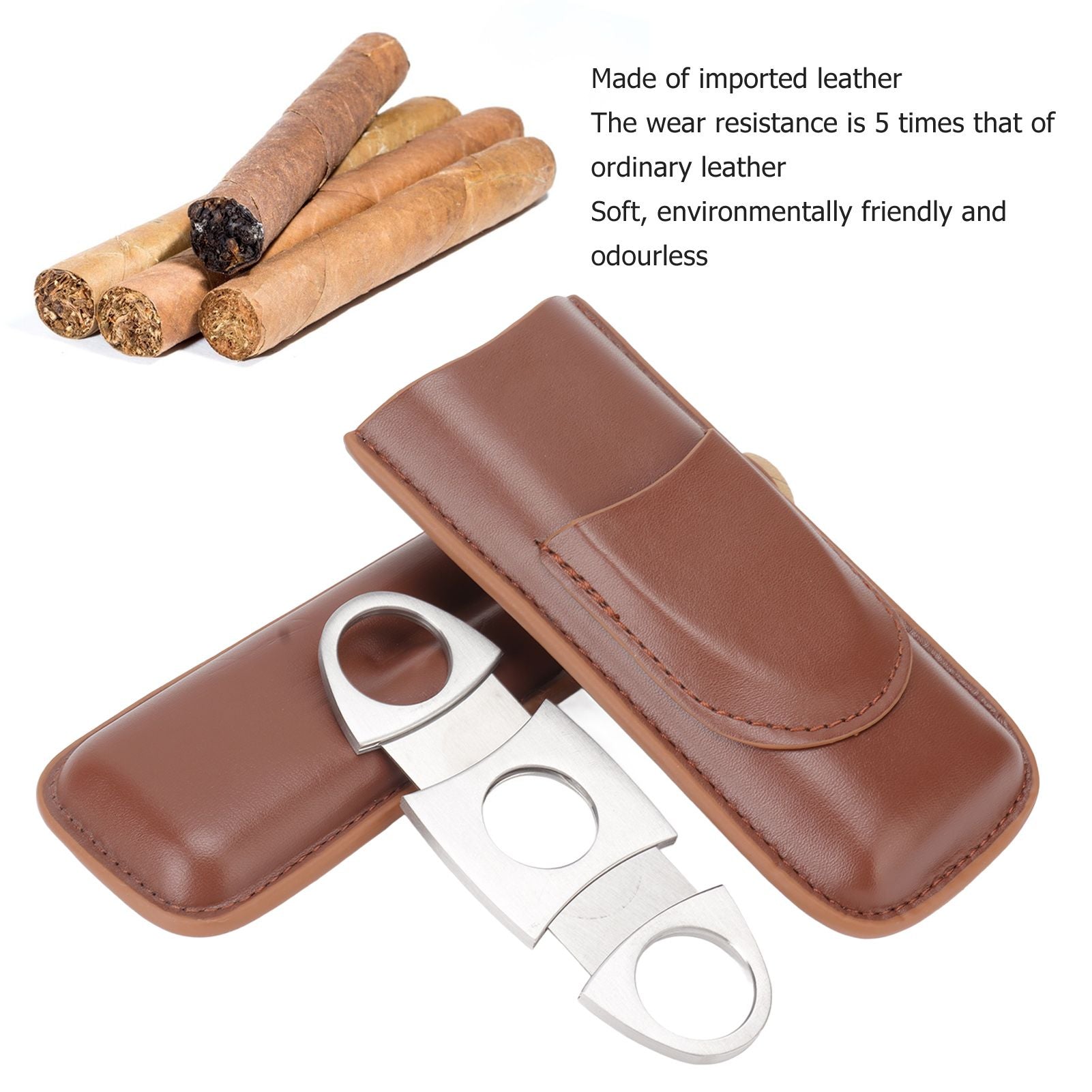Travel Cigar Case Leather Portable with Cigar Clipper Cigar Holder for 2 Cigars Business Office V1294-YM3117220233711-0421