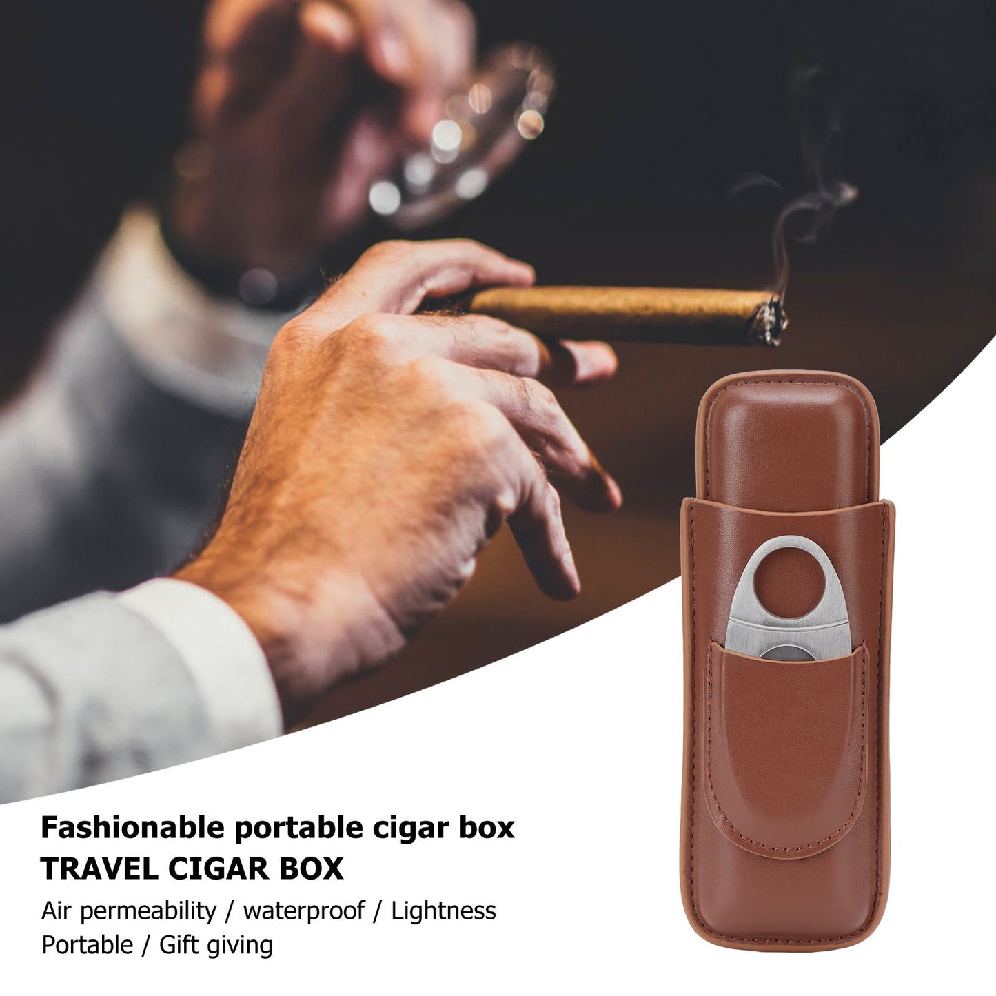 Travel Cigar Case Leather Portable with Cigar Clipper Cigar Holder for 2 Cigars Business Office V1294-YM3117220233711-0421