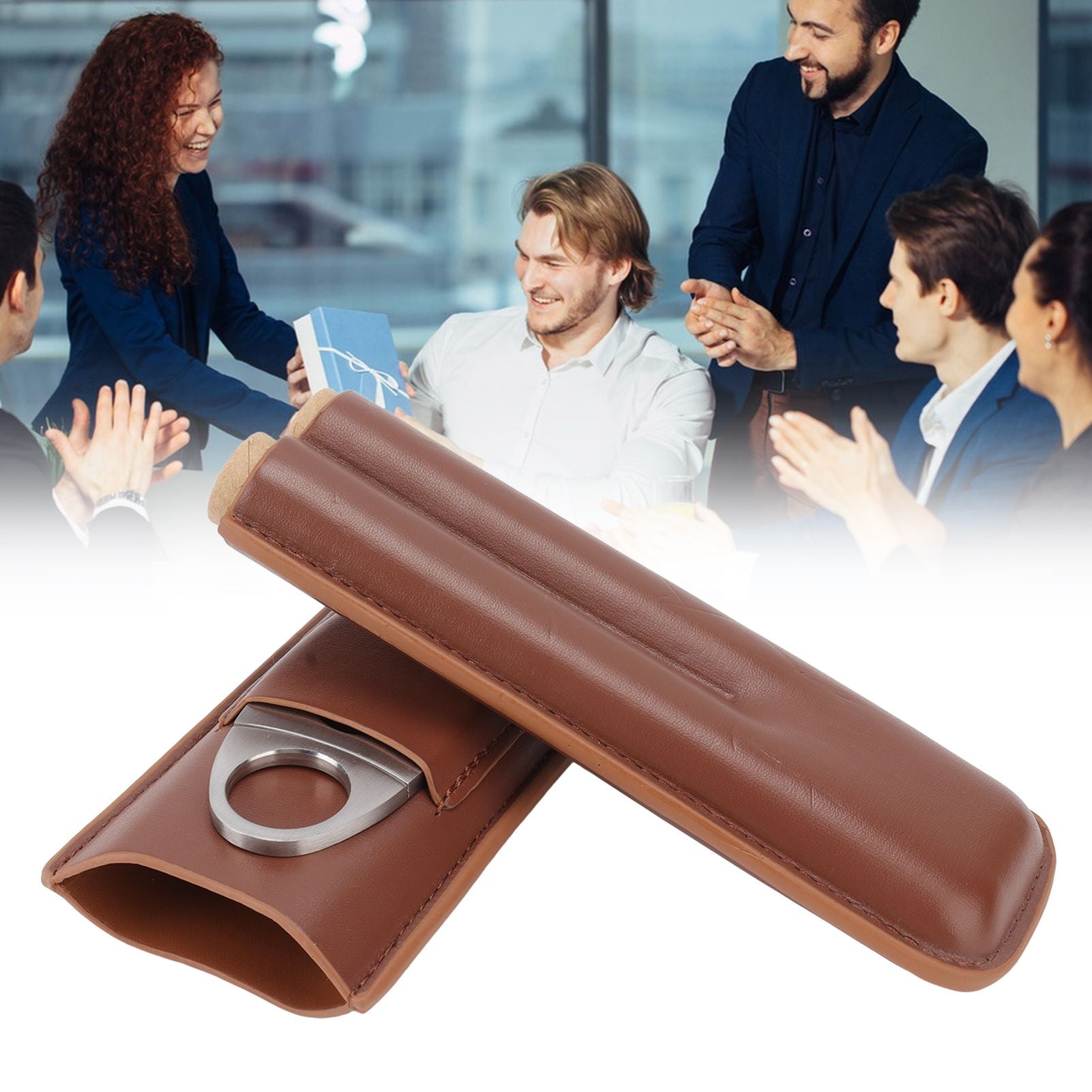 Travel Cigar Case Leather Portable with Cigar Clipper Cigar Holder for 2 Cigars Business Office V1294-YM3117220233711-0421