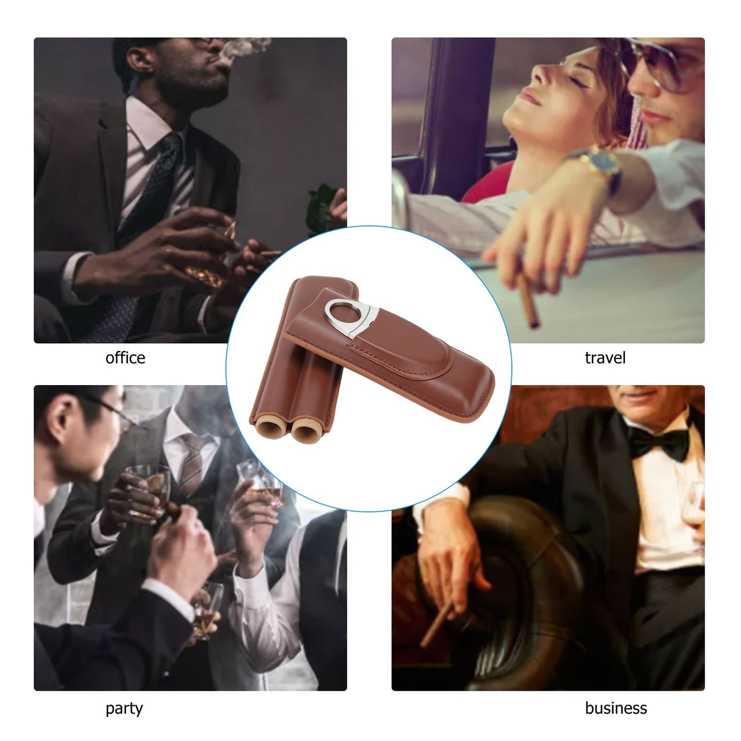Travel Cigar Case Leather Portable with Cigar Clipper Cigar Holder for 2 Cigars Business Office V1294-YM3117220233711-0421