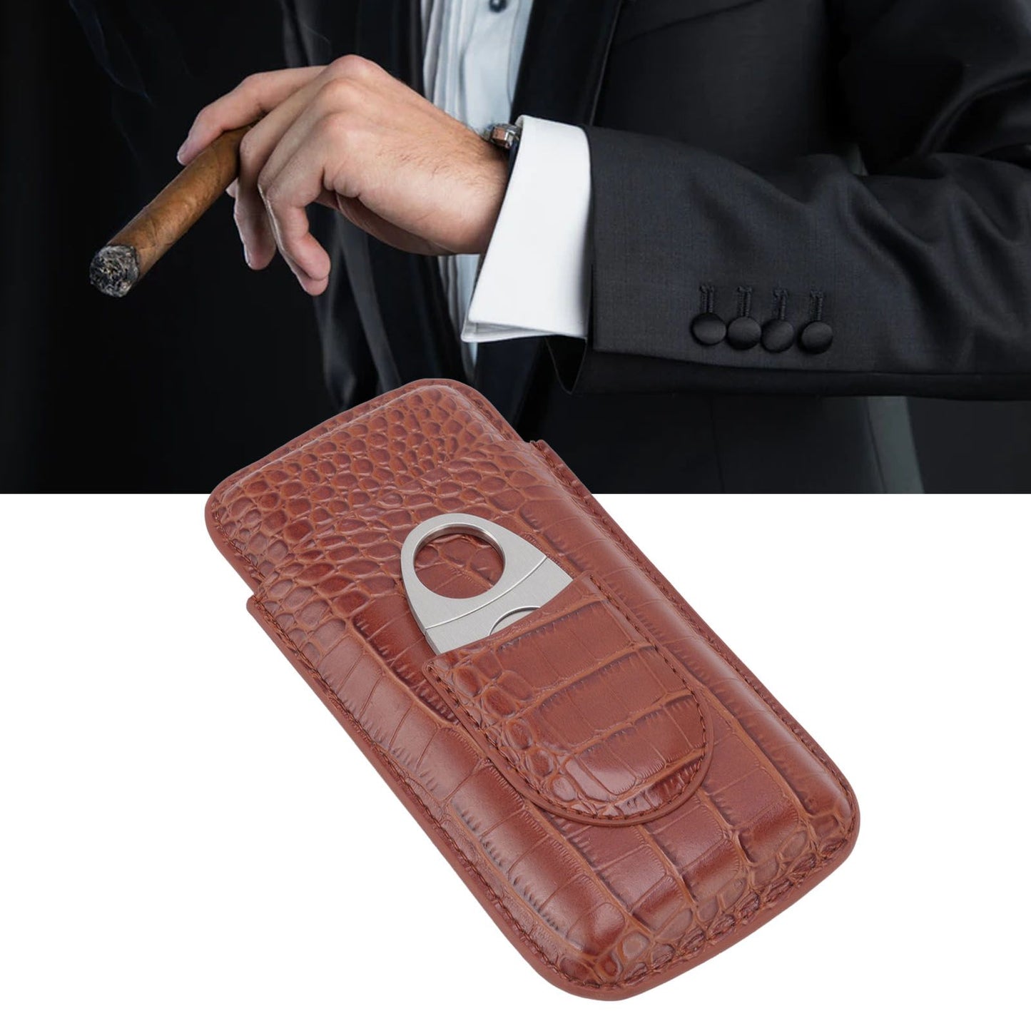 3 Finger Cigar Case High Grade Leather Travel Portable Cigar Holder with Cutter Coffee V1294-YM3117220234611-0421