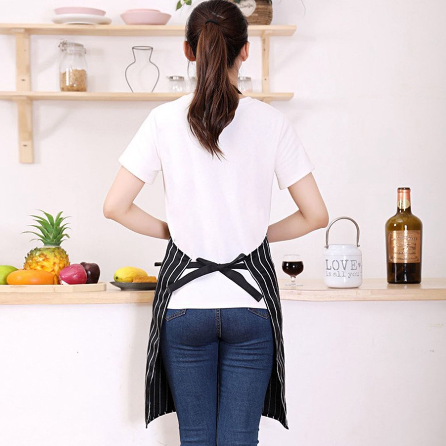 2 Pcs Kitchen Cooking Apron with 2 Pockets Adjustable Bib Chef Apron for Men Women Black Strip V1294-YM3117220239712-0421