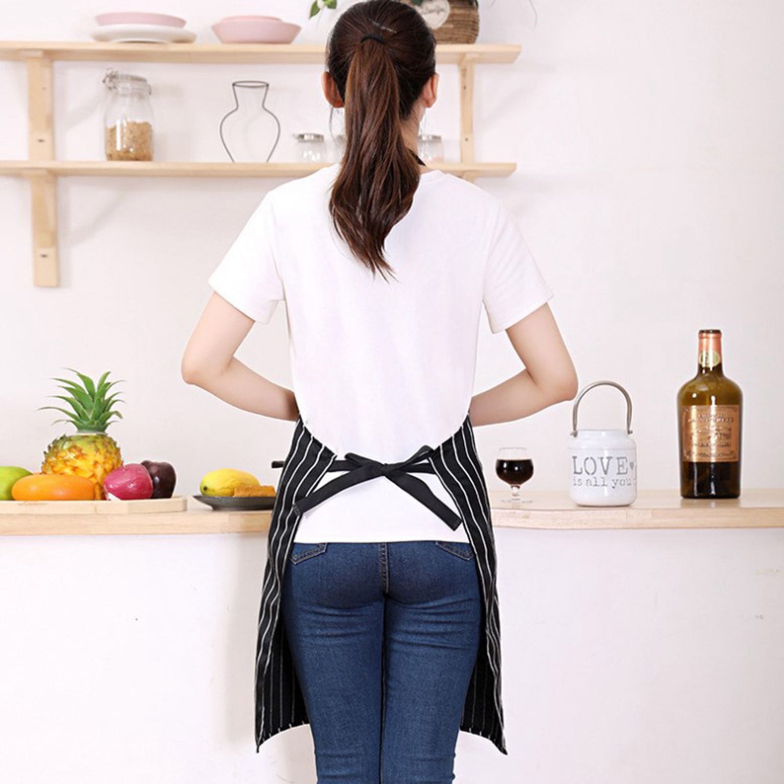 2 Pcs Kitchen Cooking Apron with 2 Pockets Adjustable Bib Chef Apron for Men Women Black Strip V1294-YM3117220239712-0421