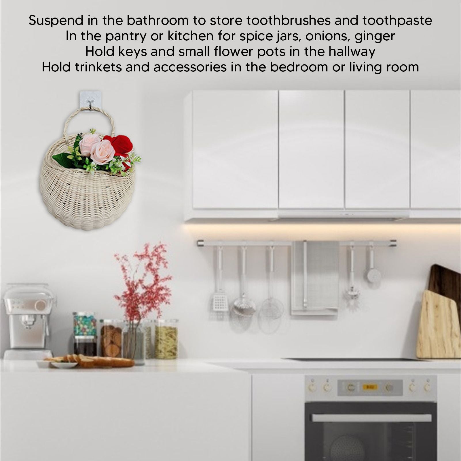 Wall Hanging Rattan Basket Multifunctional Wall Mounted Woven Storage Basket for Home Beige V1294-YM3117220247011-0421