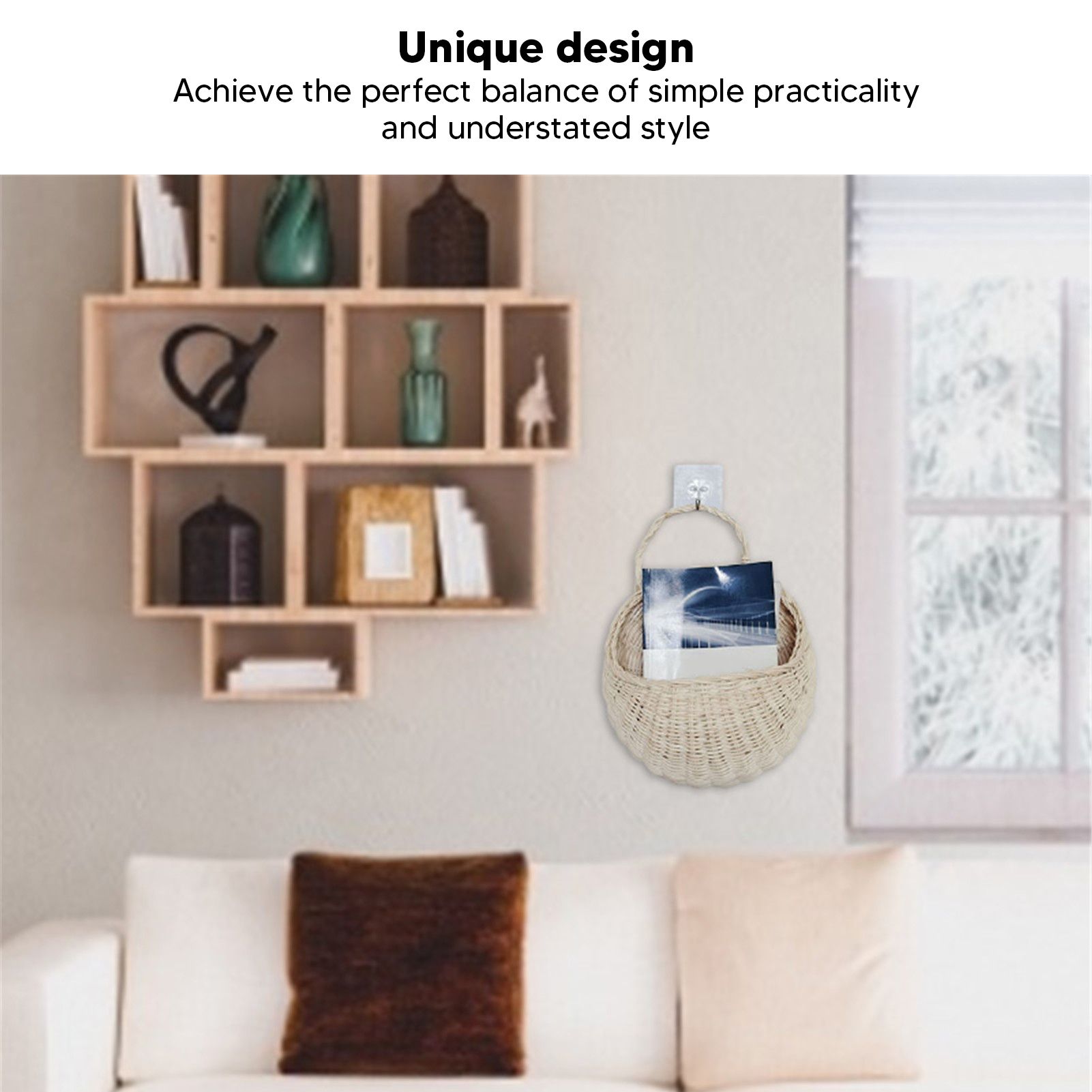 Wall Hanging Rattan Basket Multifunctional Wall Mounted Woven Storage Basket for Home Beige V1294-YM3117220247011-0421