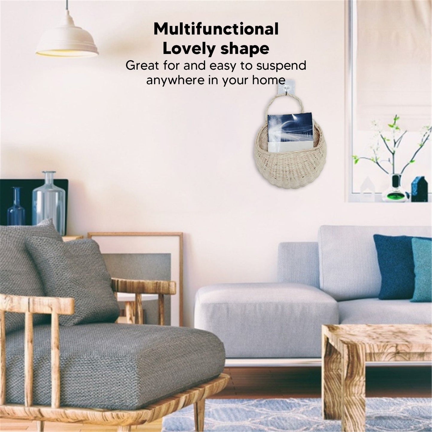 Wall Hanging Rattan Basket Multifunctional Wall Mounted Woven Storage Basket for Home Beige V1294-YM3117220247011-0421