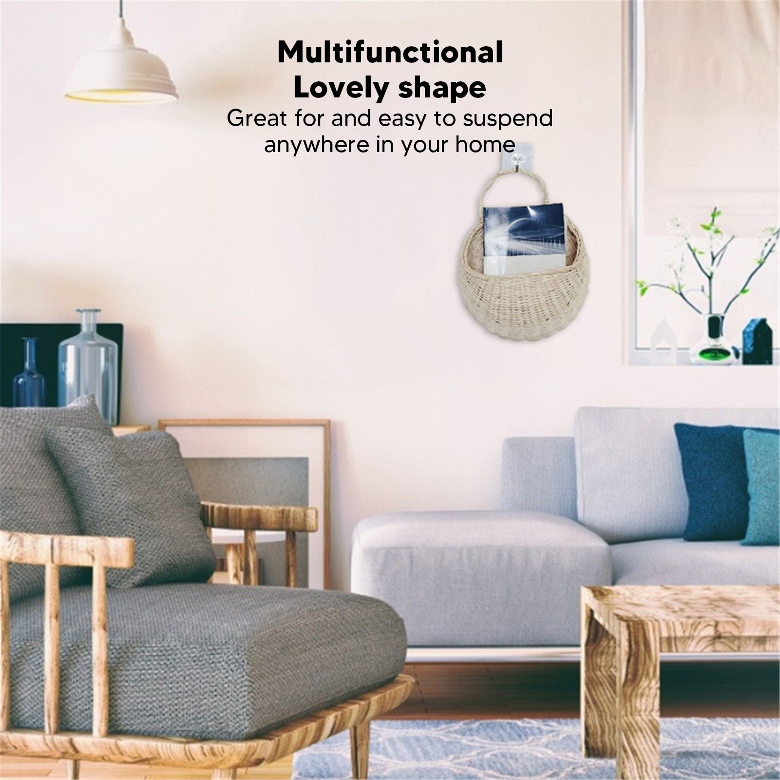 Wall Hanging Rattan Basket Multifunctional Wall Mounted Woven Storage Basket for Home Beige V1294-YM3117220247011-0421