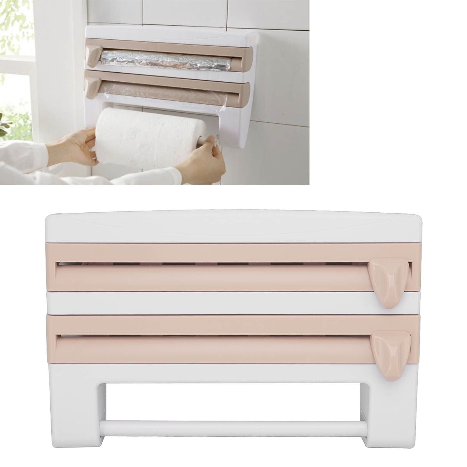 Cling Film Holder Wall Mount Multifunctional Cling Film Cutter with Screws for Kitchen Khaki V1294-YM3118220232611-0421