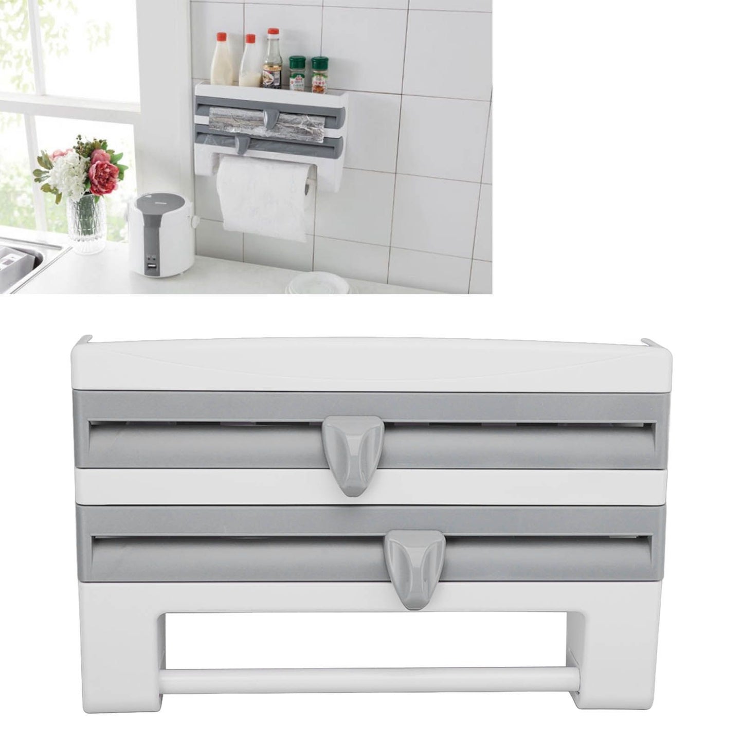 Cling Film Holder Wall Mount Multifunctional Cling Film Cutter with Screws for Kitchen Grey Blue V1294-YM3118220232612-0421