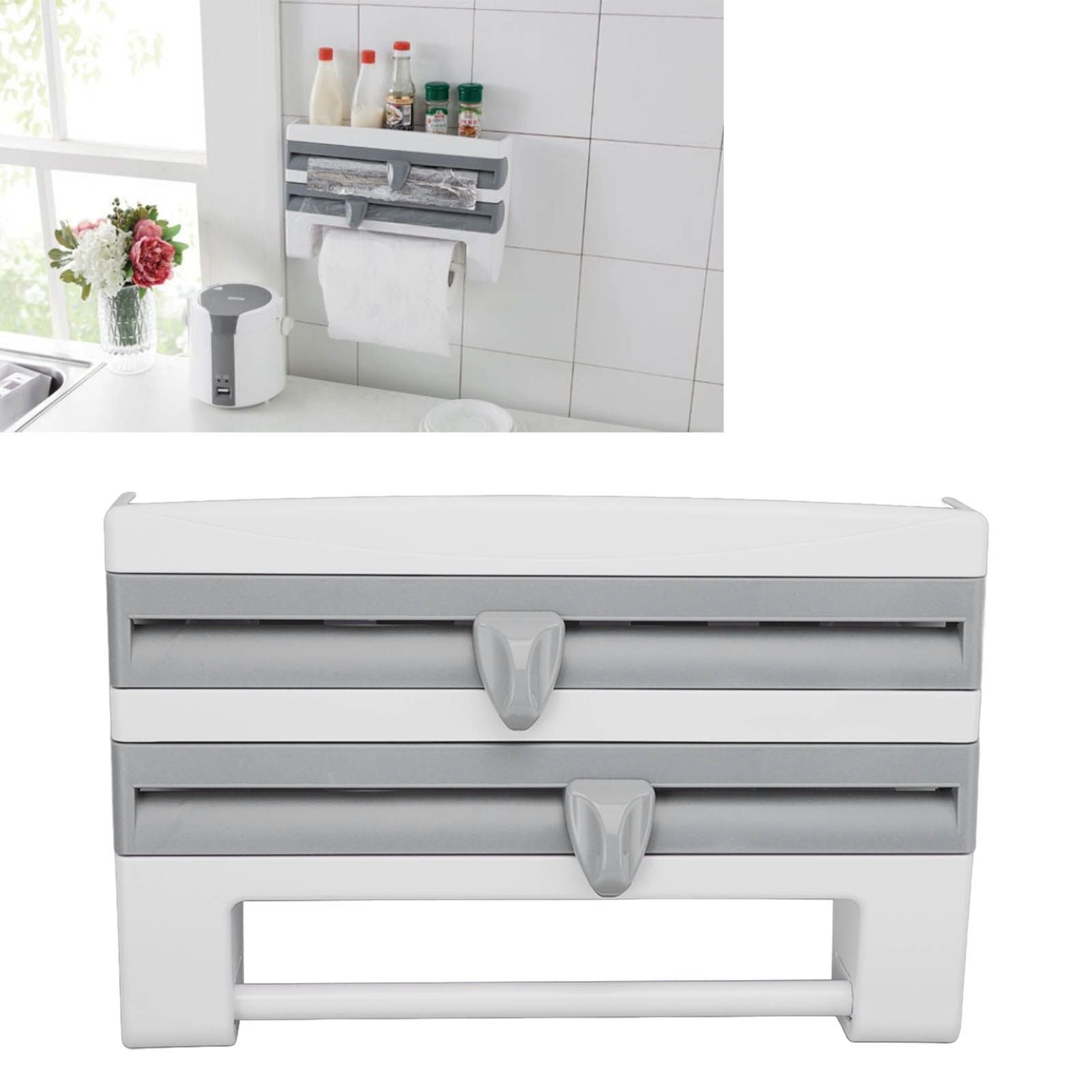 Cling Film Holder Wall Mount Multifunctional Cling Film Cutter with Screws for Kitchen Grey Blue V1294-YM3118220232612-0421