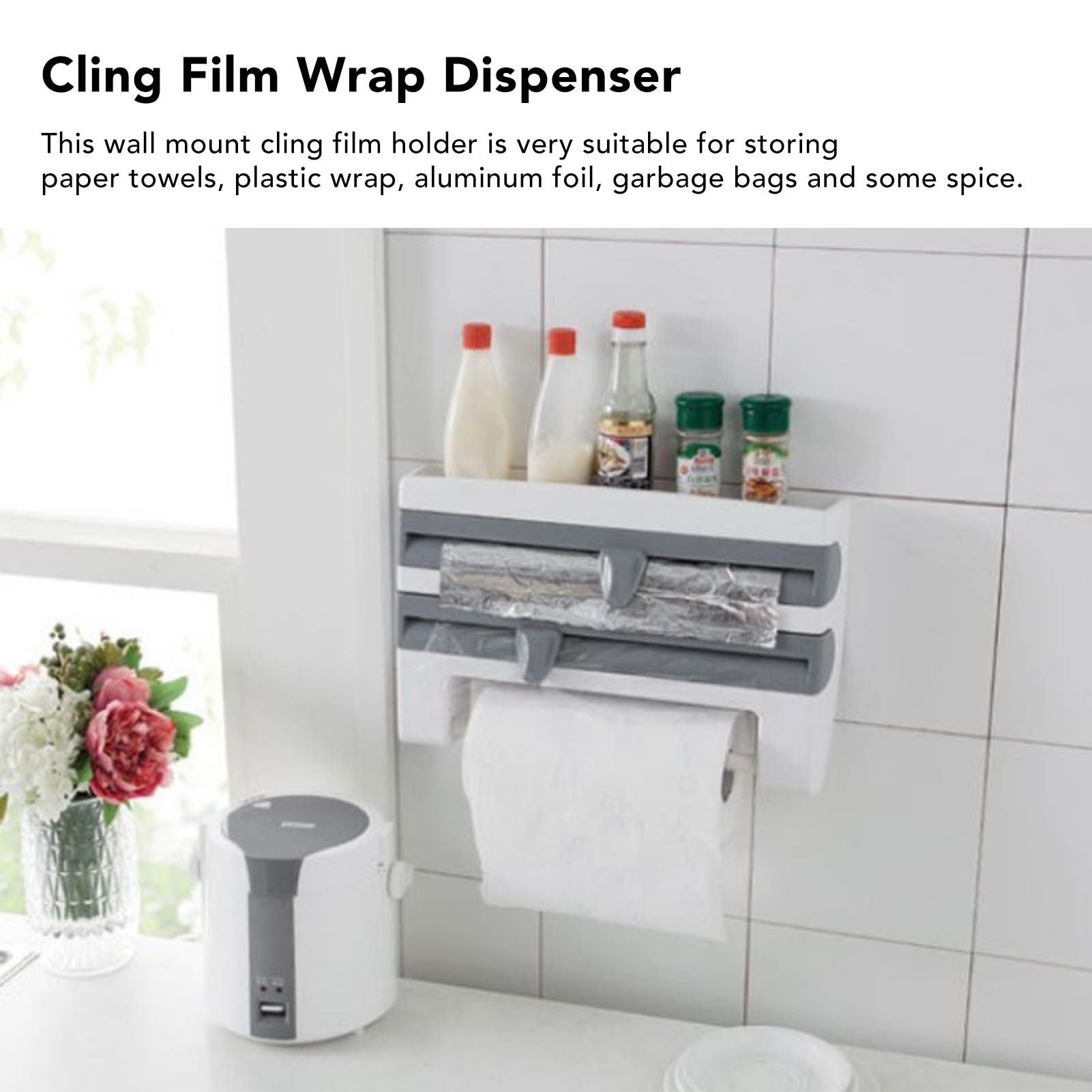 Cling Film Holder Wall Mount Multifunctional Cling Film Cutter with Screws for Kitchen Grey Blue V1294-YM3118220232612-0421