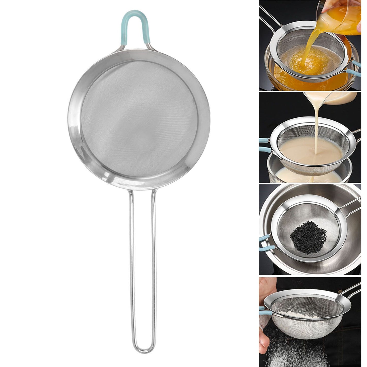 60 Mesh Fine Strainer Stainless Steel Handheld Flour Colander with Long Handle for Kitchen 20cm/7.9in V1294-YM3118220234912-0421